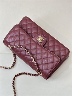 Ch*el medium classic flap bag grained calfskin gold tone metal burgundy 01112 top