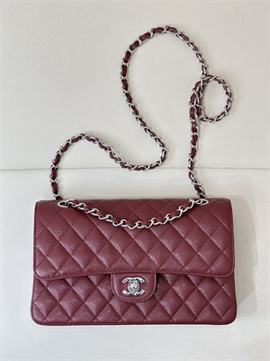 Ch*el medium classic flap bag grained calfskin silver tone metal burgundy 01112 top