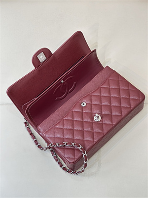 Ch*el medium classic flap bag grained calfskin silver tone metal burgundy 01112 top
