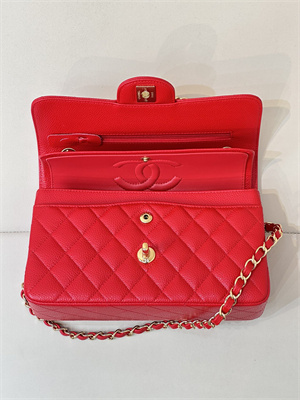Ch*el small classic flap bag grained calfskin gold tone metal red 01117 top