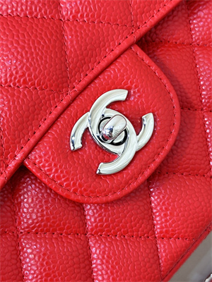 Ch*el small classic flap bag grained calfskin silver tone metal red 01117 top