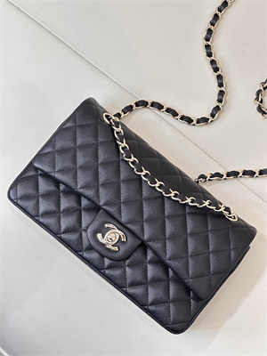 Ch*el medium classic flap bag grained calfskin gold tone metal black 01112 top