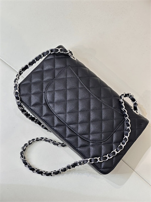 Ch*el medium classic flap bag grained calfskin silver tone metal black 01112 top