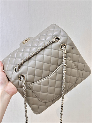 Ch*el medium classic flap bag lambskin gold tone metal cream grey 01112 top