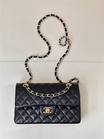 Ch*el small classic flap bag lambskin gold tone metal black 01117 top