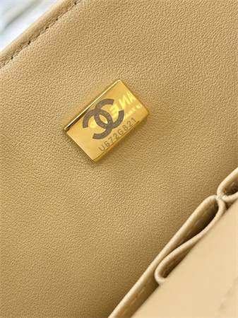 Ch*el medium classic flap bag grained calfskin gold tone metal beige 01112 top