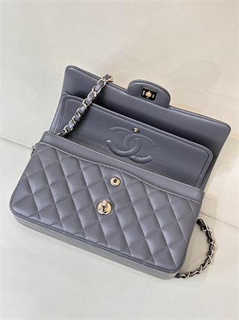 Ch*el small classic flap bag lambskin gold tone metal dk grey 01117 top