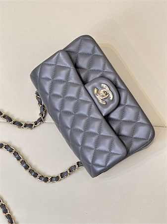 Ch*el mini classic flap bag lambskin gold tone metal dk grey color 01116 top