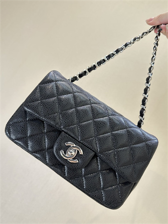 Ch*el mini classic flap bag grained calfskin silver tone metal black color 01116 top