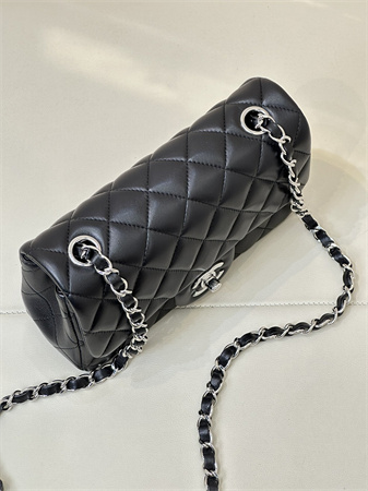 Ch*el mini classic flap bag lambskin silver tone metal black color 01116 top