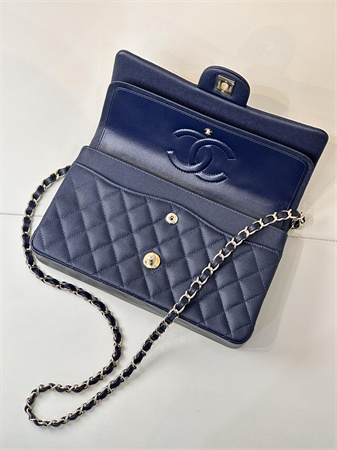 Ch*el medium classic flap bag grained calfskin gold tone metal navy 01112 top