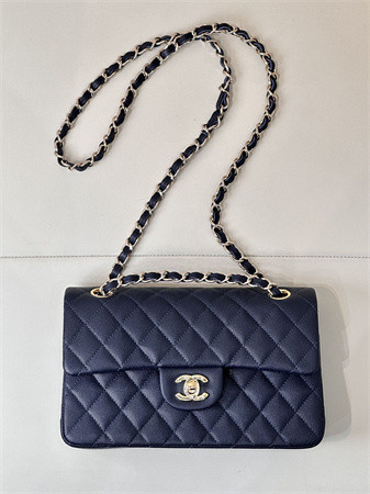 Ch*el small classic flap bag grained calfskin gold tone metal navy 01117 top