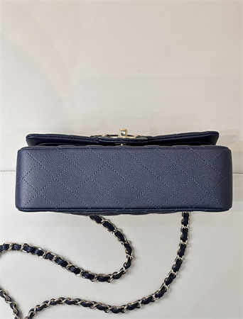 Ch*el small classic flap bag grained calfskin gold tone metal navy 01117 top