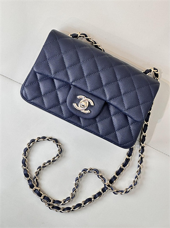 Ch*el mini classic flap bag grained calfskin gold tone metal navy color 01116 top