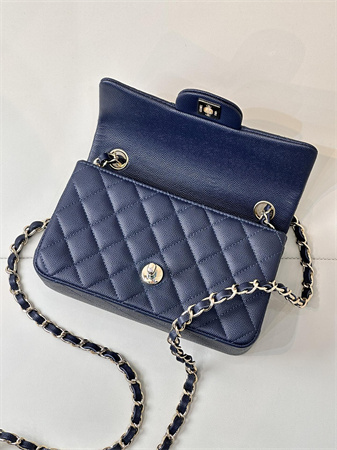 Ch*el mini classic flap bag grained calfskin gold tone metal navy color 01116 top