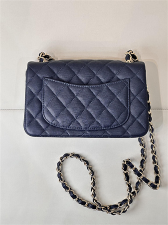 Ch*el mini classic flap bag grained calfskin gold tone metal navy color 01116 top