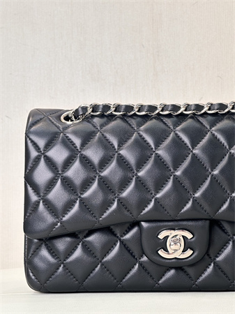 Ch*el medium classic flap bag lambskin silver tone metal black 01112 top