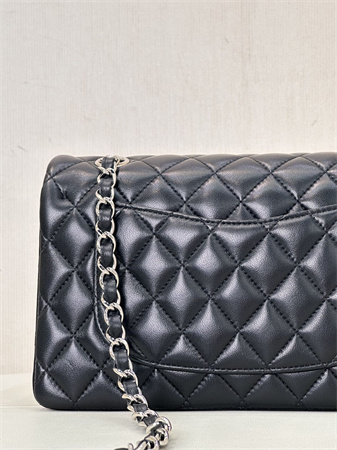 Ch*el small classic flap bag lambskin silver tone metal black 01117 top