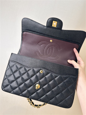 Ch*el large classic flap bag grained cafskin gold tone metal black 58600 top