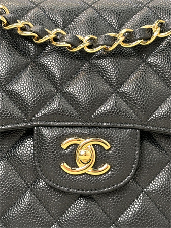 Ch*el large classic flap bag grained cafskin gold tone metal black 58600 top