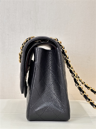 Ch*el large classic flap bag grained cafskin gold tone metal black 58600 top