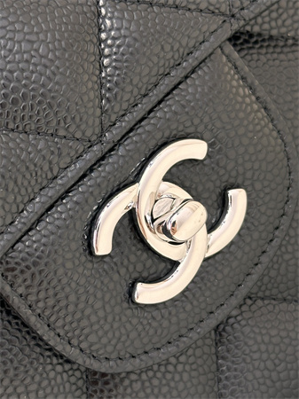 Ch*el large classic flap bag grained cafskin silver tone metal black 58600 top