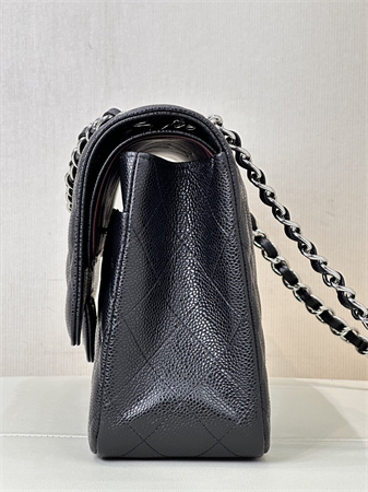 Ch*el large classic flap bag grained cafskin silver tone metal black 58600 top