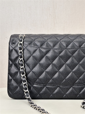 Ch*el large classic flap bag grained cafskin silver tone metal black 58600 top