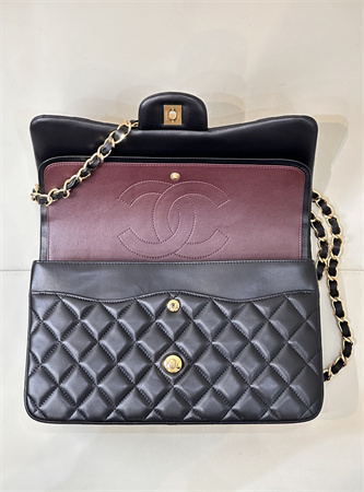 Ch*el large classic flap bag lambskin gold tone metal black 58600 top