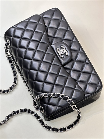 Ch*el large classic flap bag lambskin silver tone metal black 58600 top