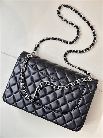 Ch*el large classic flap bag lambskin silver tone metal black 58600 top