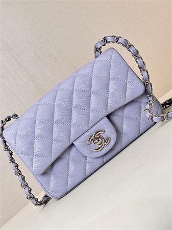Ch*el mini classic flap bag grained calfskin silver tone metal lt purple color 01116 top