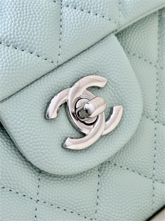 Ch*el medium classic flap bag grained calfskin silver tone metal mint 01112 top