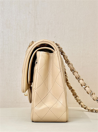 Ch*el medium classic flap bag lambskin gold tone metal beige 01112 top