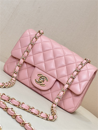 Ch*el mini classic flap bag lambskin gold tone metal sakura pink color 01116 top