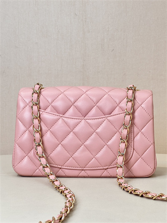 Ch*el mini classic flap bag lambskin gold tone metal sakura pink color 01116 top