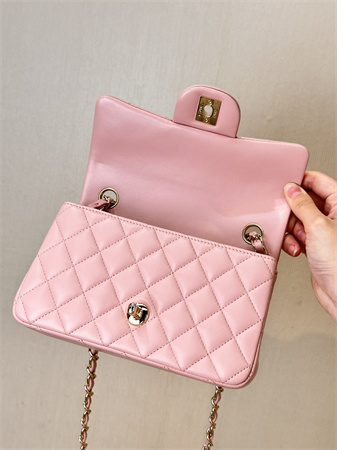 Ch*el mini classic flap bag lambskin gold tone metal sakura pink color 01116 top