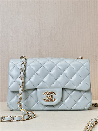 Ch*el mini classic flap bag lambskin gold tone metal baby blue color 01116 top
