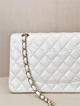 Ch*el medium classic flap bag lambskin gold tone metal white 01112 top