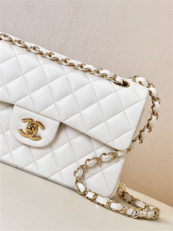 Ch*el small classic flap bag lambskin gold tone metal white 01117 top
