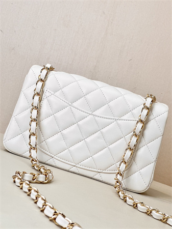 Ch*el mini classic flap bag lambskin gold tone metal white color 01116 top