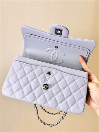 Ch*el small classic flap bag grained calfskin silver tone metal lt purple 01117 top
