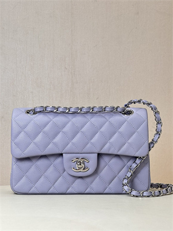 Ch*el small classic flap bag grained calfskin silver tone metal lt purple 01117 top