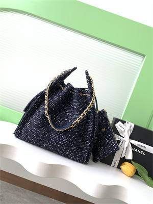 Ch*el 25 medium handbag tweed gold tone metal navy as5311