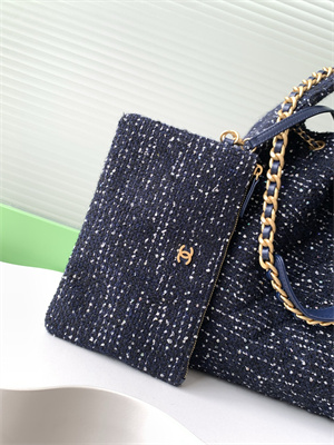 Ch*el 25 medium handbag tweed gold tone metal navy as5311
