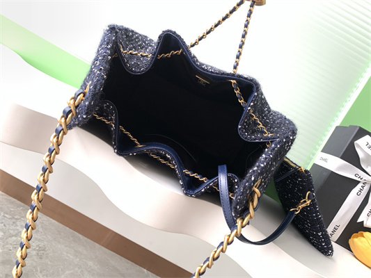 Ch*el 25 medium handbag tweed gold tone metal navy as5311