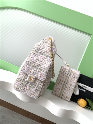 Ch*el 25 medium handbag tweed gold tone metal white as5311