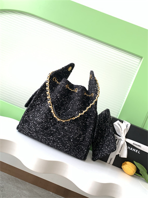Ch*el 25 medium handbag tweed gold tone metal black as5311