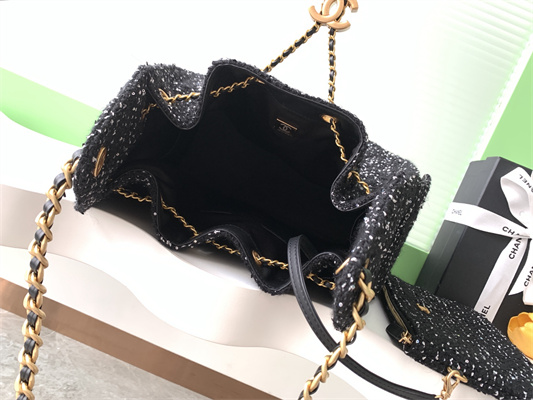 Ch*el 25 medium handbag tweed gold tone metal black as5311