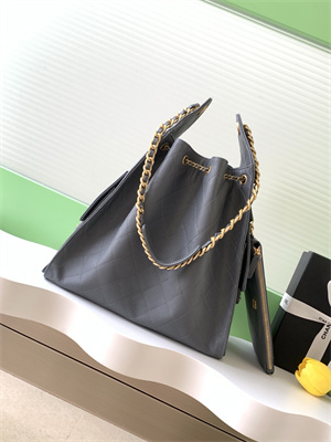 Ch*el 25 medium handbag grained calfskin gold tone metal dk grey as5311